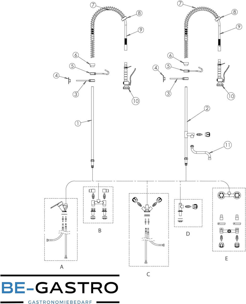 BE-GASTRO I Profi Gastro Geschirrbrause Einloch "Premium" Drehgriff inkl. Wasserhahn, Mischbatterie