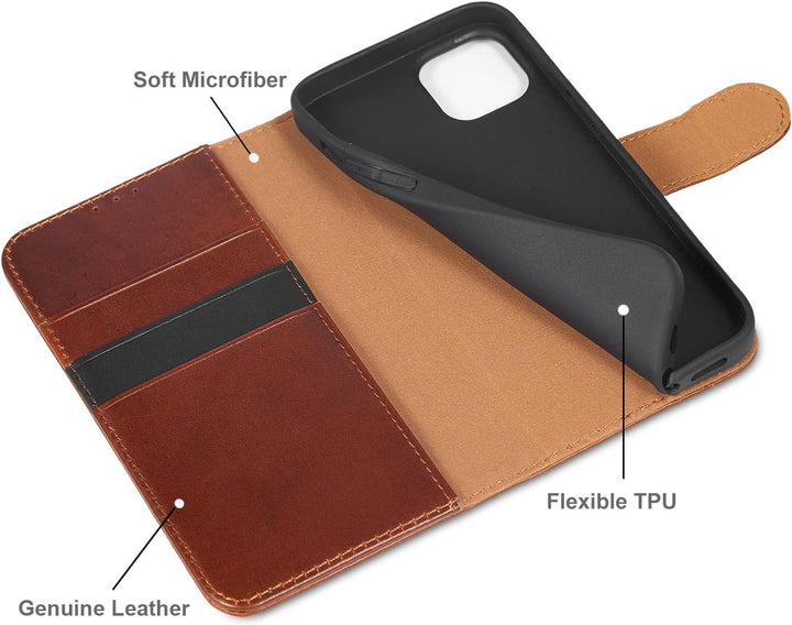 LENSUN Echtleder Hülle für iPhone 13 5G, Handyhülle [Echtes Leder][Magnetverschluss][RFID Schutz] Ha