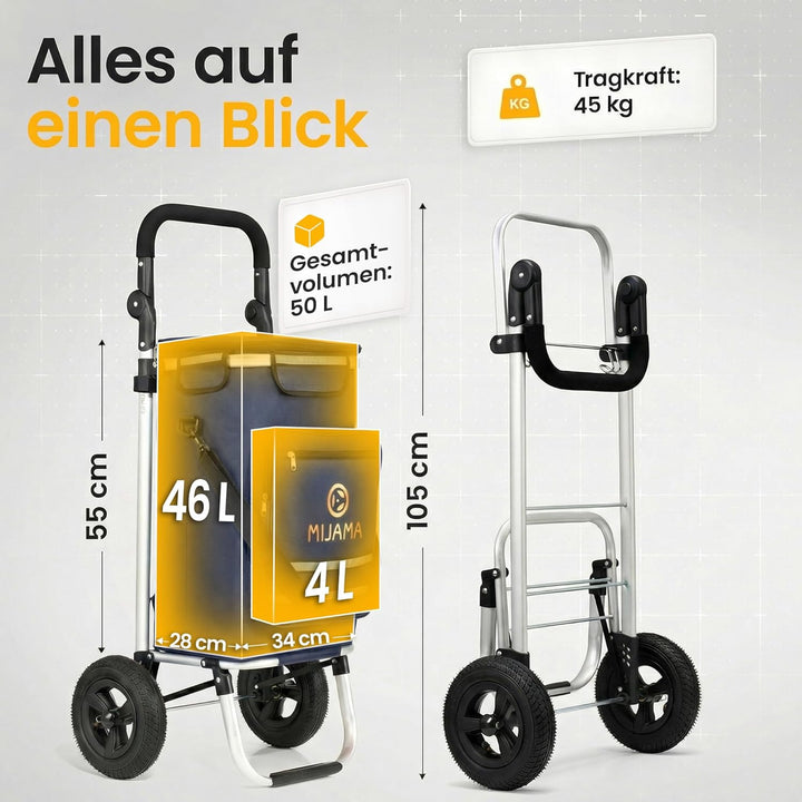 Einkaufstrolley mit grossen Rädern [45 kg Tragkraft] Leichter, klappbarer Hackenporsche mit Metallha