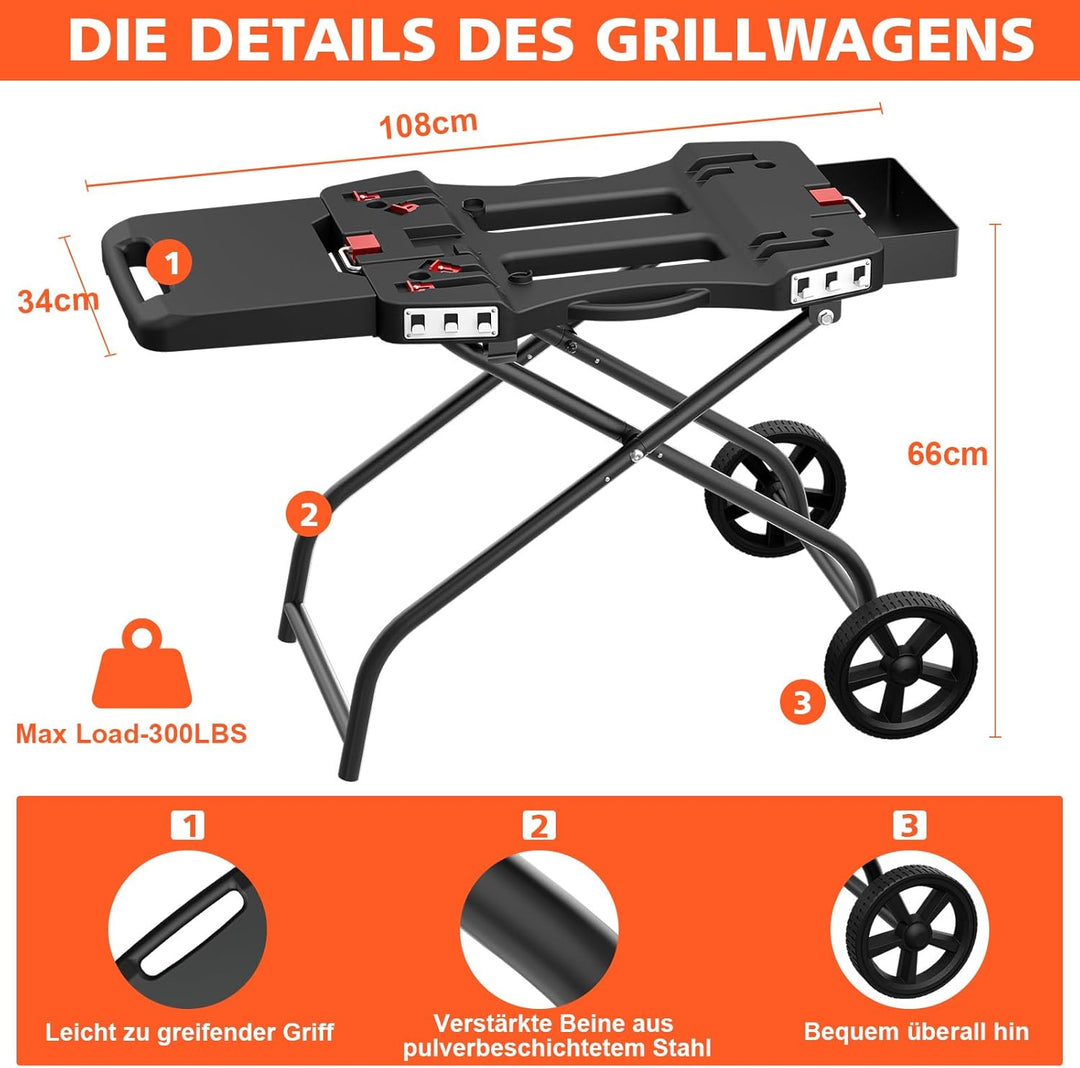 Denmay Tragbarer Grillwagen mit Rad für Weber Q1200, Q1000, Q2200, Q2000 Serie, für Blackstone 43CM