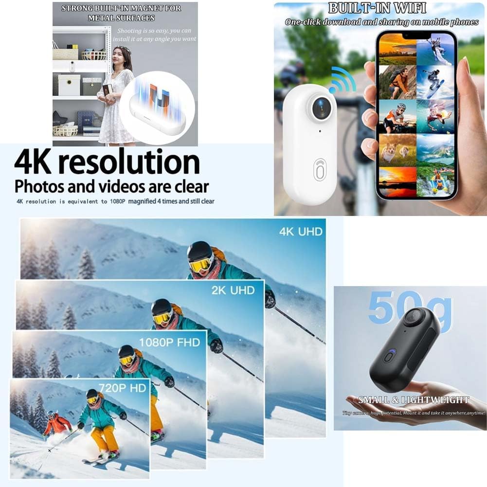 Mini Action Cam 4K,Tragbare Kamera mit 360° Drehbarem Clip und Magnetclip,Wasserdichter 4K-Körperkam