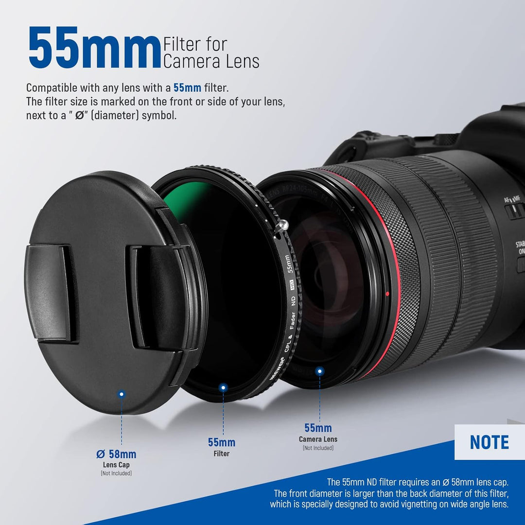 NEEWER 2 in 1 55mm Variable ND Filter ND2-ND32&CPL (Zirkular Polfilter) No X Cross Variabel Graufilt