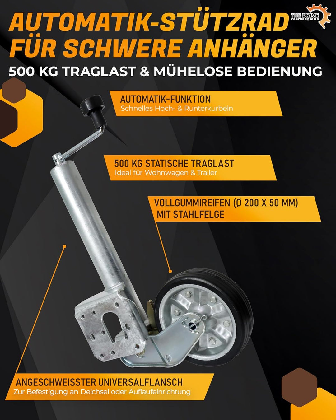 The Drive | Anhänger Stützrad 500KG | vollautomatik | Ø 60mm Rohr mit Anbauflansch | Schwerlast mit