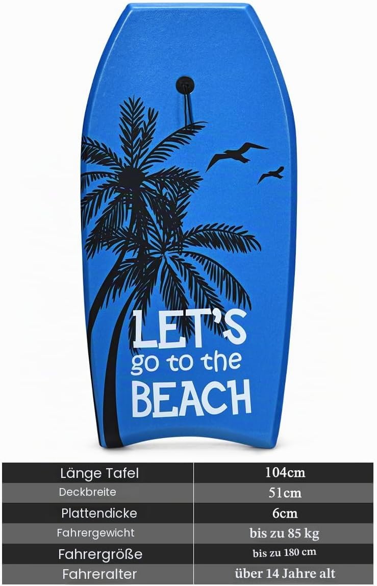 HOMASIS Surfbrett L, Bodyboard aus XPE und HDPE mit Handschlaufe, Halbmond Surfbrett, geeignet ab 14