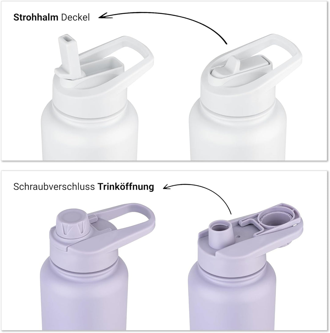 Vinsun Thermoflasche lila 750ml inkl. 2 Deckel - Strohhalm &amp; Trinköffnung Lila 750 ml, Lila 750 ml