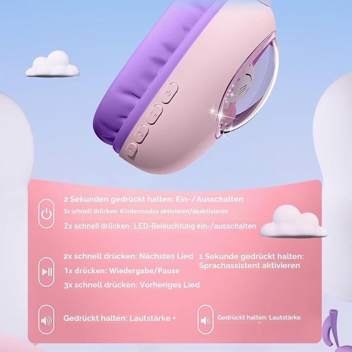 Kinder Kopfhörer mit Katzenohren, Bluetooth 5.4 Over-Ear Noise Cancelling Kopfhörer mit Mikrofon, LE