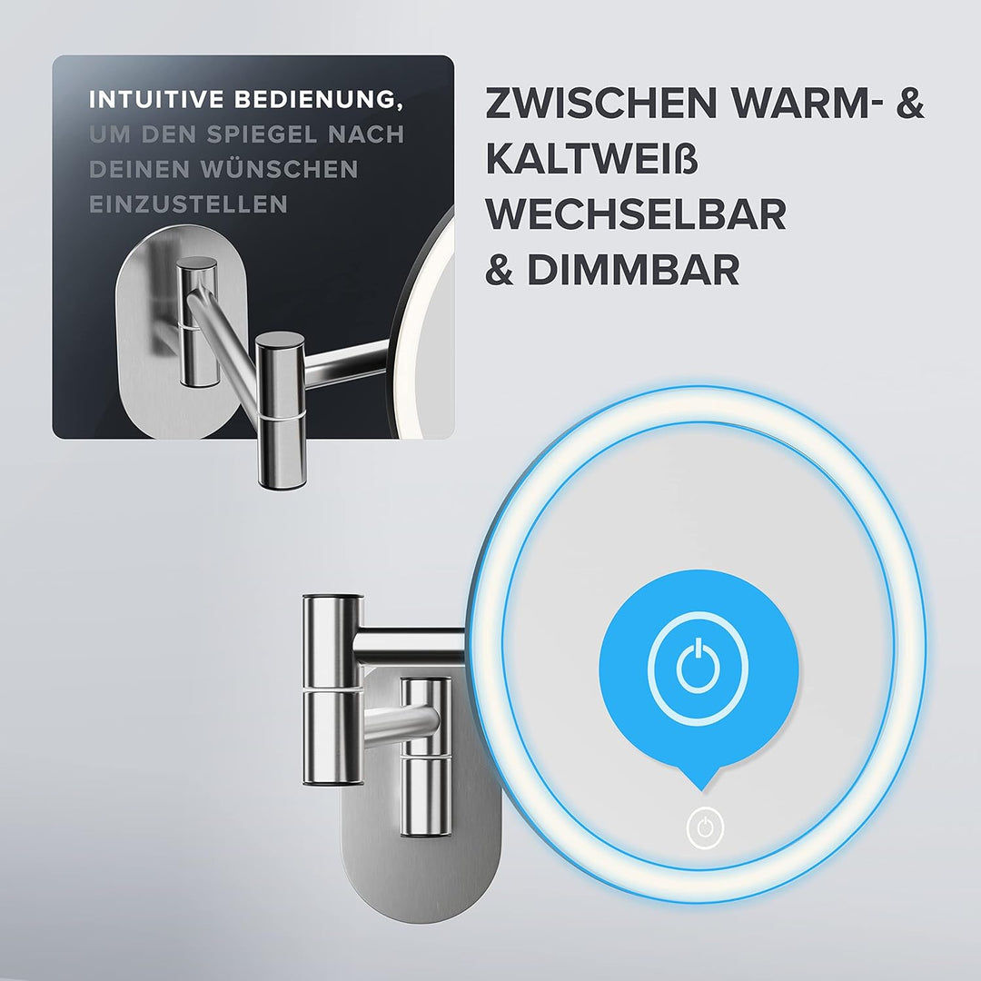 ovimar Kosmetikspiegel Vorupor Silber | mit Beleuchtung | wiederaufladbar | Wandmontage ohne Bohren