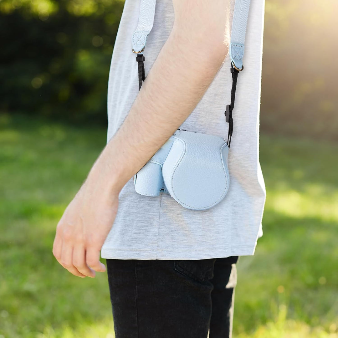 Rieibi Sony ZV-E10 Kameratasche für 16–50 mm Objektiv, Leder-Kameratasche mit Schultergurt Blue, Blu