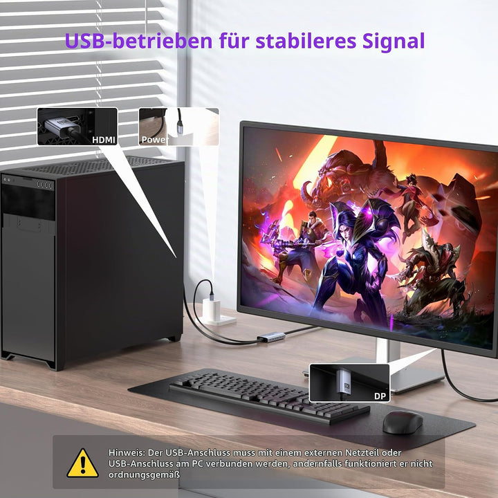 4K@144Hz HDMI 2.1 auf DisplayPort 1.4 Kabeladapter (1,8 m), 4K120Hz/8K unidirektionales aktives HDMI
