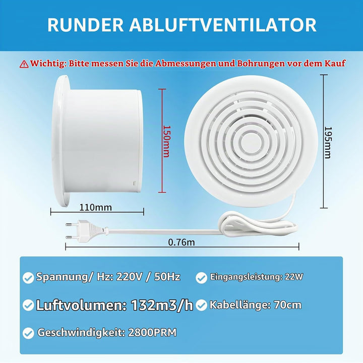 FanGoFast Badlüfter 150 mm, Abluftventilator, wasserdicht, 22 W, für Bad, WC 150MM, 150MM