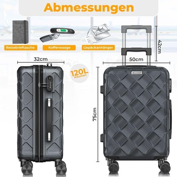 KESSER® Reisekoffer 120L Koffer ABS Hartschalenkoffer mit Zahlenschloss, Kofferwaage & Reisebrieftas