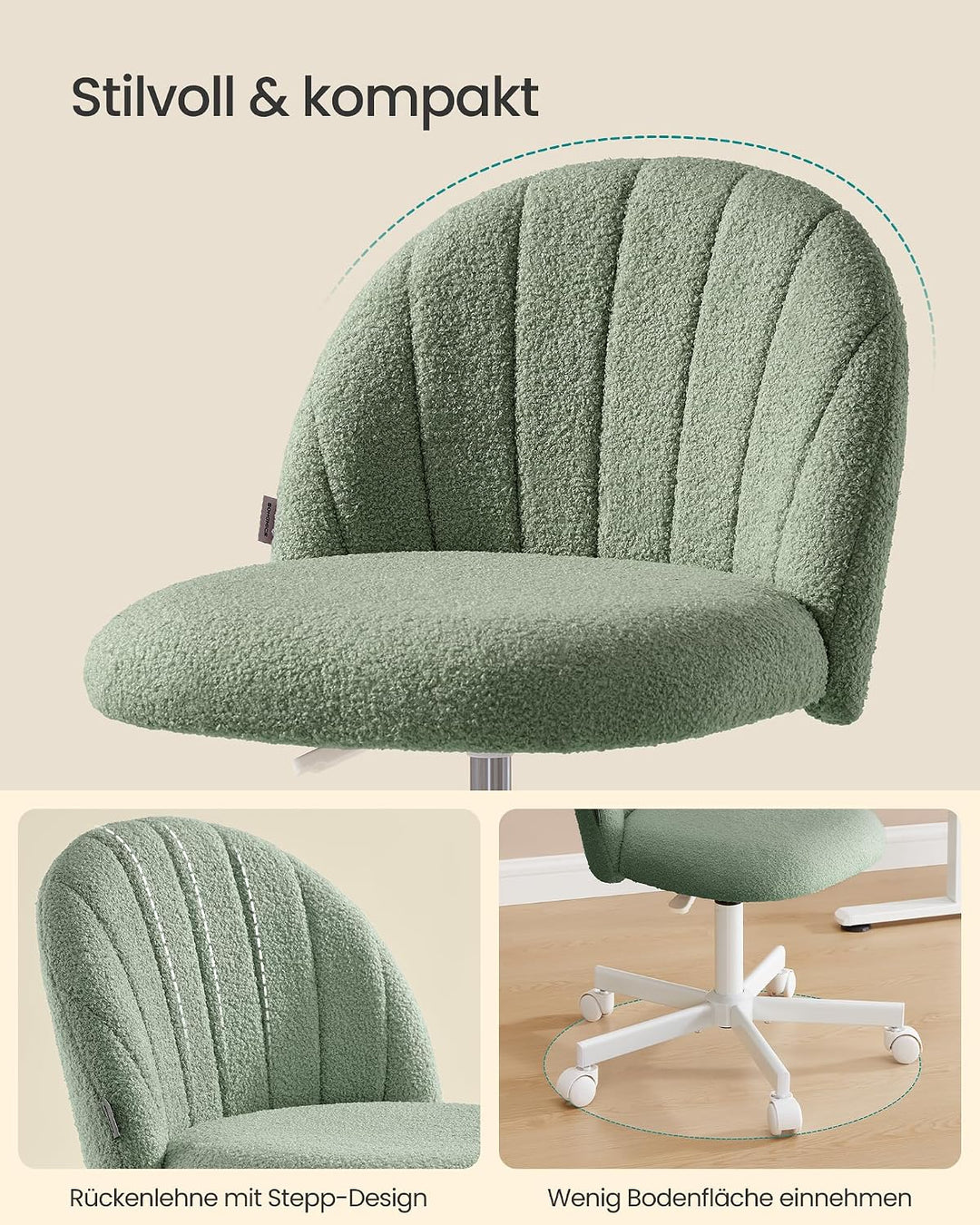 SONGMICS Homeoffice-Stuhl, Schminkstuhl aus Teddy-Fleece, Schreibtischstuhl, Schaumstoffpolsterung,