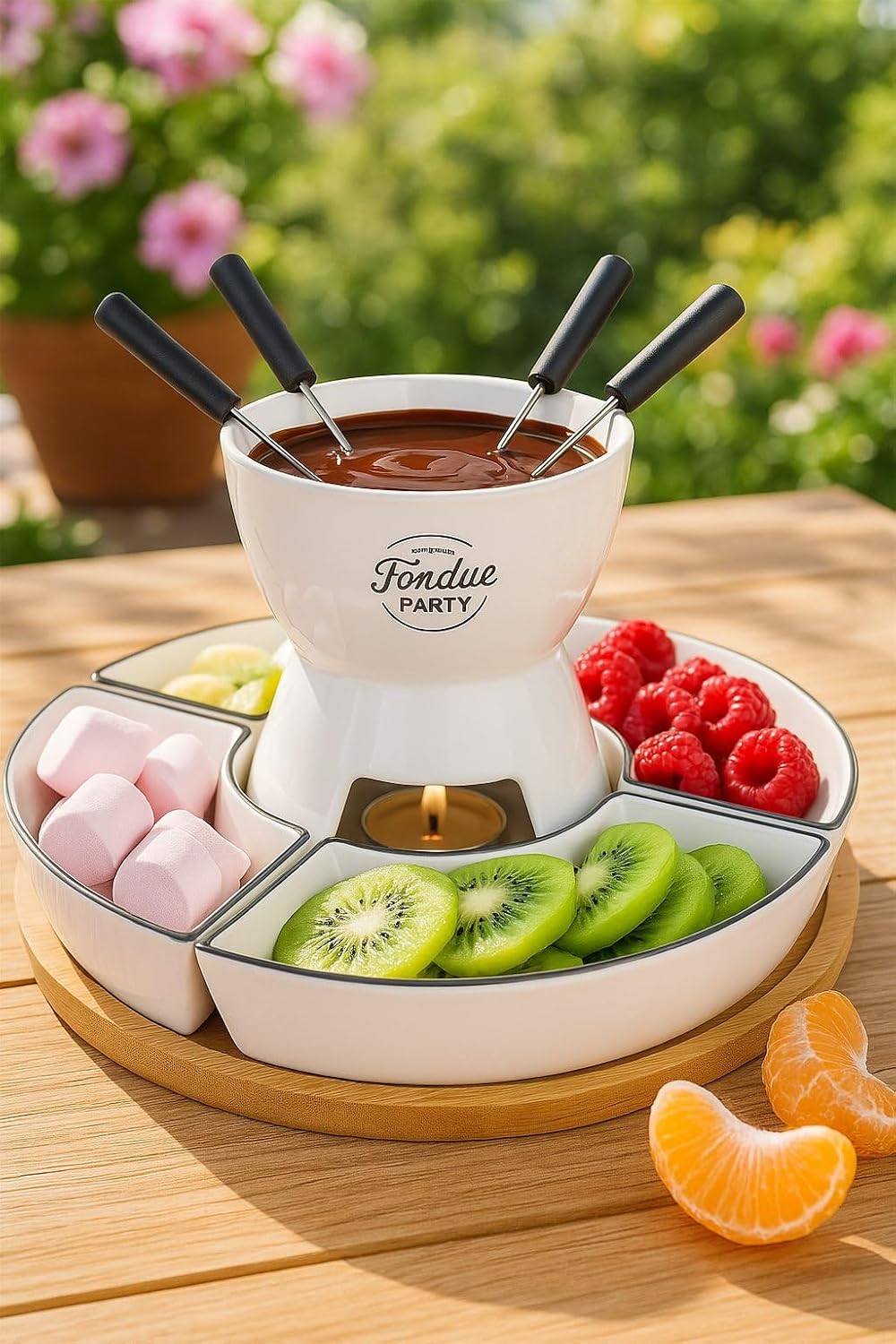 Fondue Set für 4 Personen - Bambus und Porzellan - Inklusive Schalen und Gabeln - 30 x 30 x 19 cm