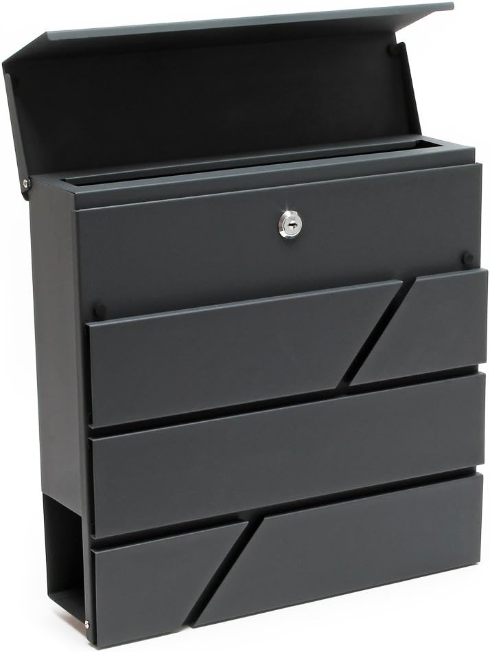 Wiltec Designer Briefkasten V14 Anthrazit 370 x 105 x 370 mm, Wandbriefkasten mit Schloss und Zeitun