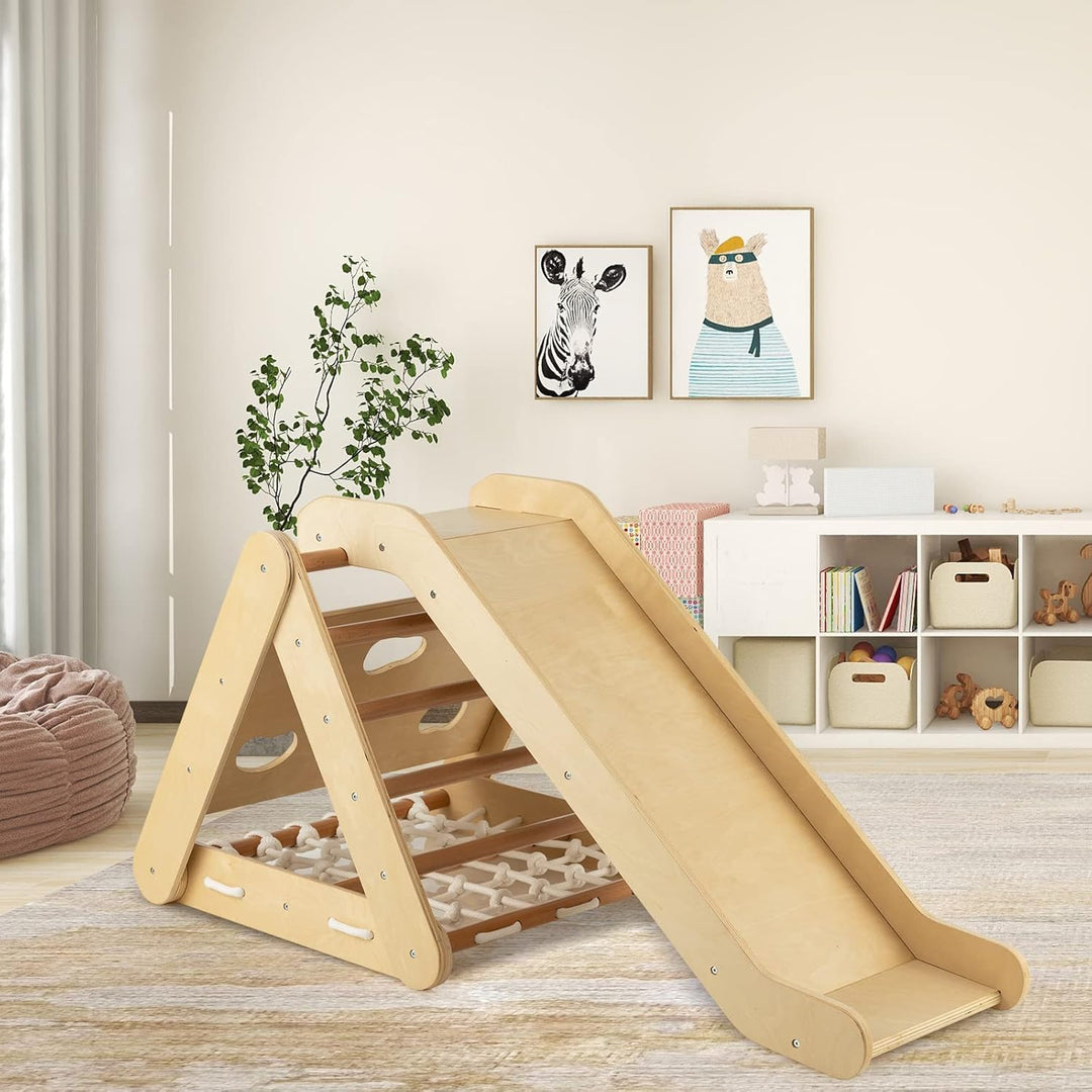DREAMADE 4 IN 1 Kletterdreieck mit Rutsche und Kletternetz, Holzdreieck Kletterspielzeug aus Holz, I