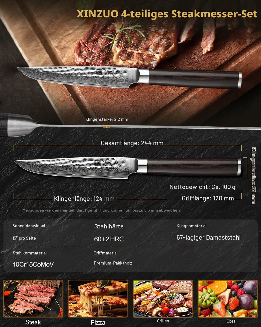 XINZUO 4-Teilig Steakmesser Set, 12.4cm Steakbesteck für 4 Personen, profi Damaststahl Steakmesser s