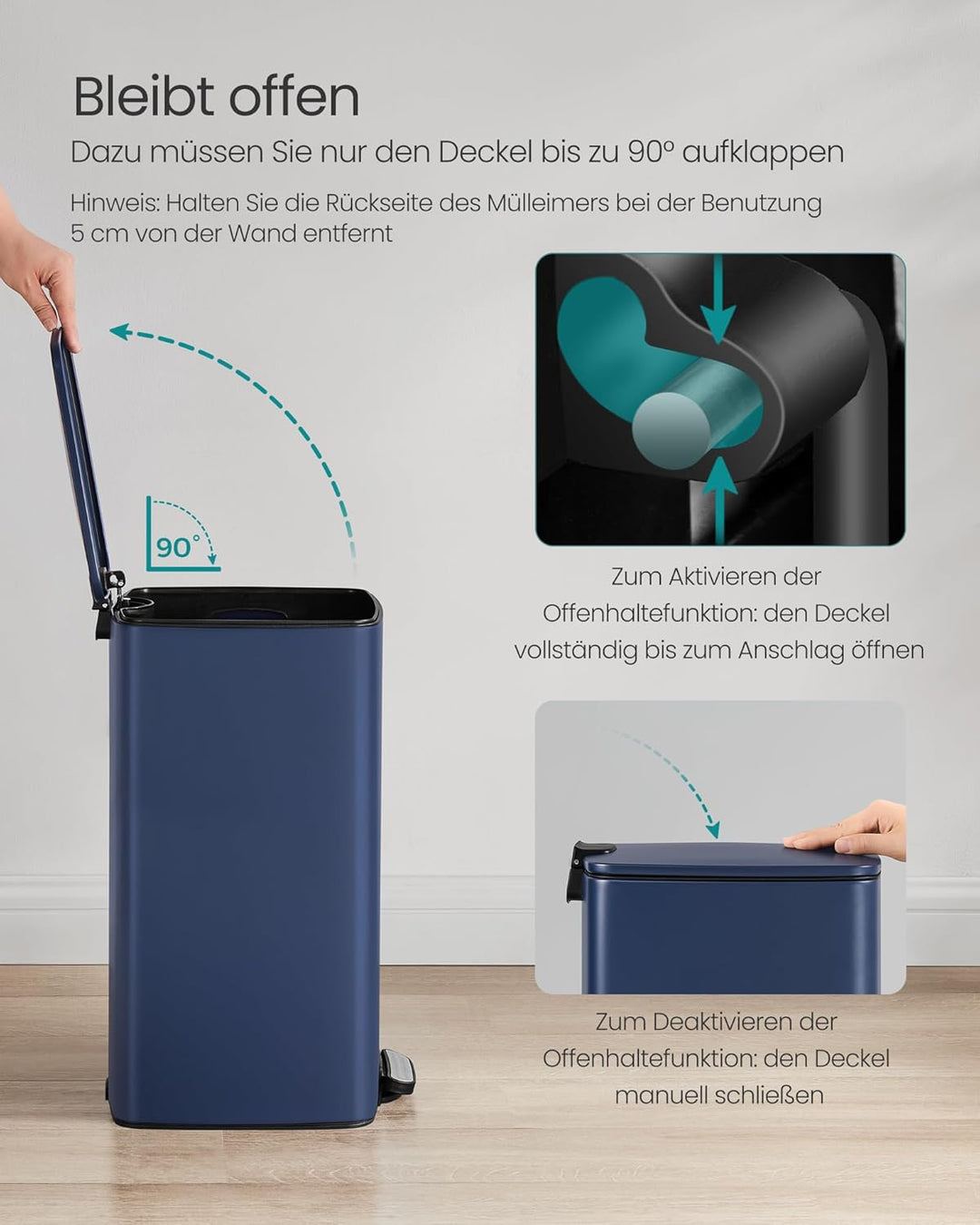 SONGMICS Mülleimer Küche, 30 Liter Abfalleimer, Tretmülleimer, Stahl, mit Inneneimer, Softclose, Off