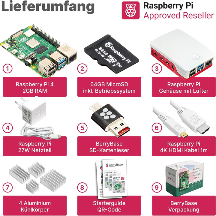 Raspberry Pi 4 Starterkit (2 GB RAM) Komplett-Set von BerryBase, MicroSD-Karte mit Raspberry Pi OS,