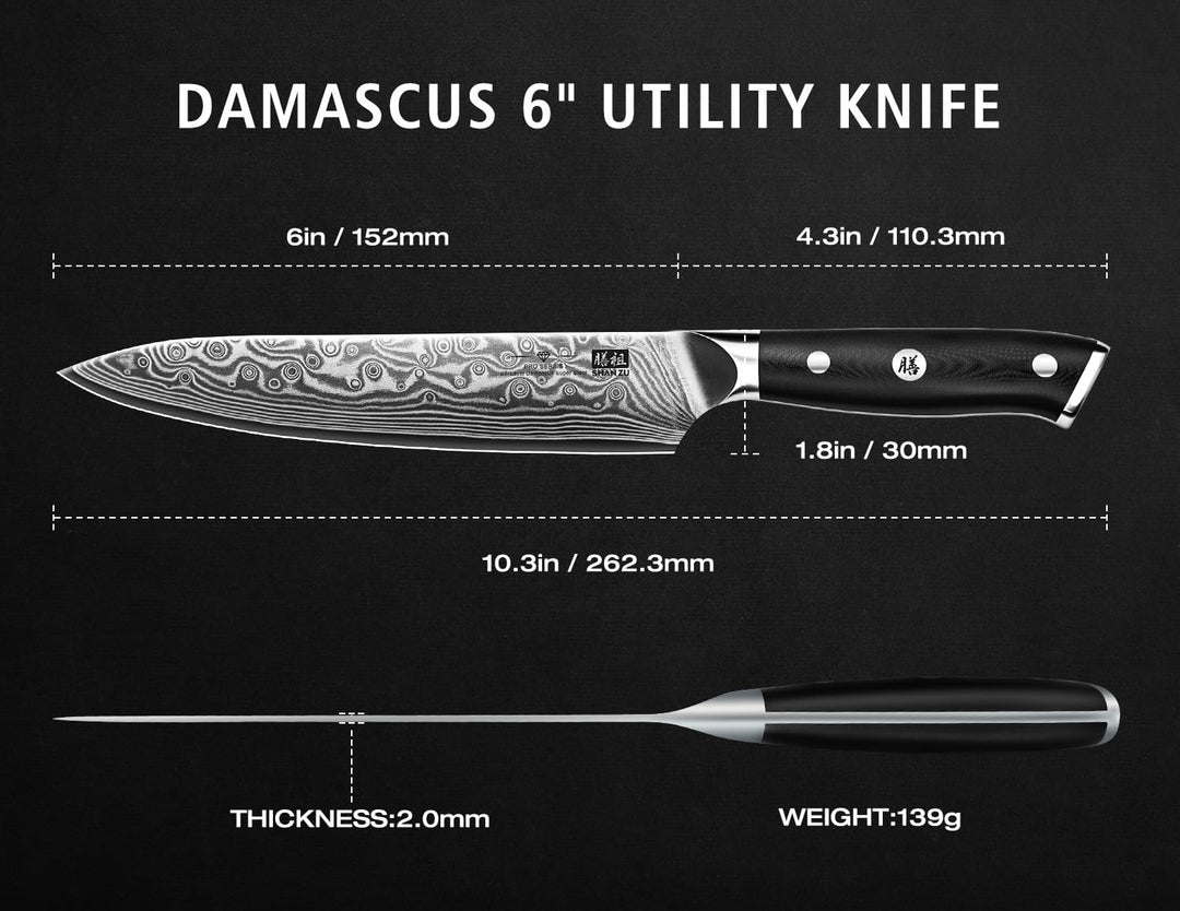 SHAN ZU Damast Allzweckmesser 15cm, Japanisches Kochmesser | Küchenmesser mit scharfer Klinge aus 67