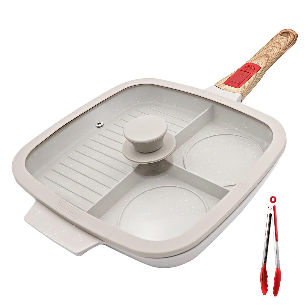 Bobikuke Multi Grillpfanne mit Deckel und Abnehmbarer Griff, Steakpfanne Induktion 3 in 1 - Weiss We