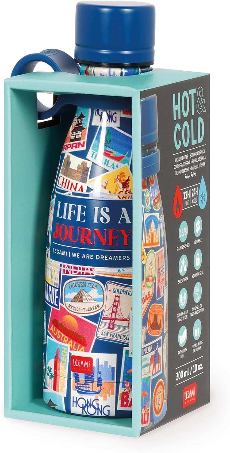 Legami - Vacuum Bottle Hot & Cold Mini, Travel Stickers, Leichte und widerstandsfähige Thermosflasch