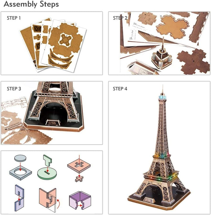 CubicFun 3D Puzzles Frankreich LED Tour Eiffel Architektur Modellbausätze für Erwachsene, DIY Paperc