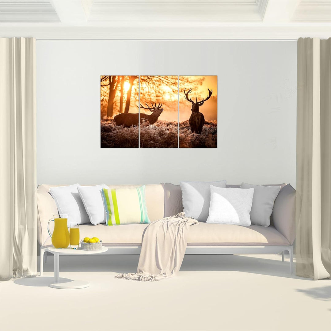 Runa Art Wandbilder Winter Hirsch Bild XXL Wohnzimmer Schlafzimmer Orange Wald Natur 120 x 80 cm 3 T