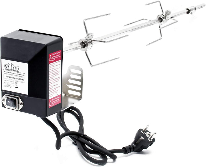 Wiltec BBQ Grillspiess 70cm 230V aus Edelstahl, inkl. 2 Fleischklammern, Drehspiess Rôtisserie 70 cm