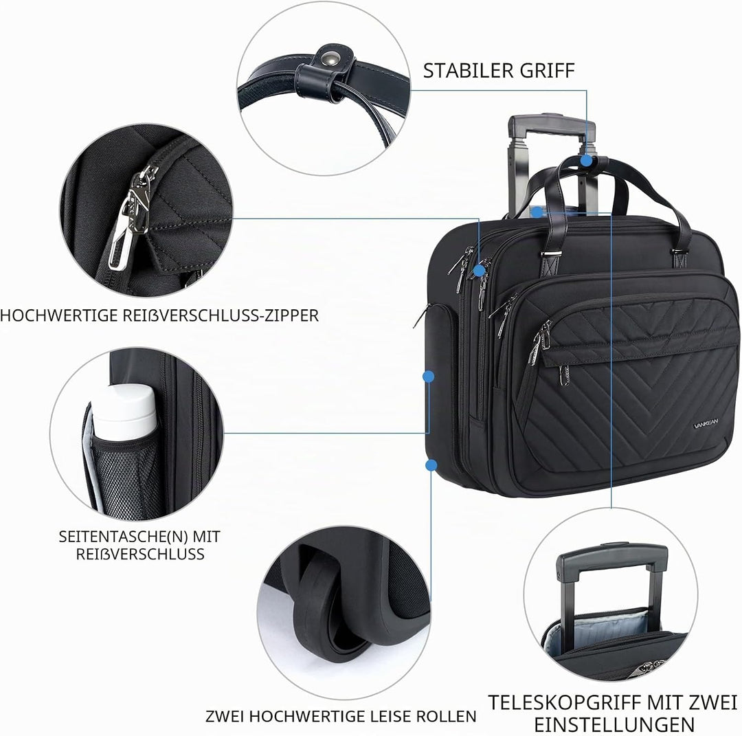 VANKEAN Rollende Laptoptasche Frauen mit Rädern, passend für bis zu 15,6 Zoll Rollende Aktentasche W