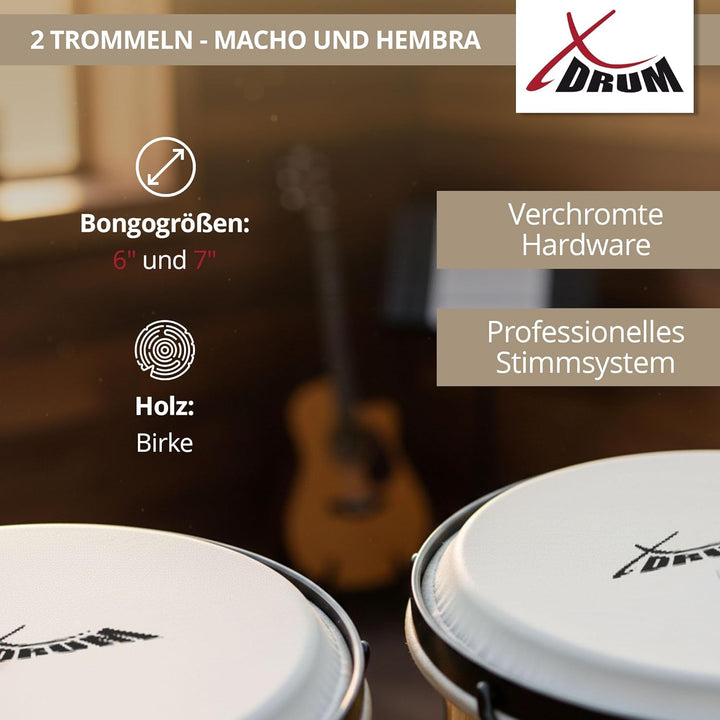 XDrum Bongos Club Set - 6" Macho und 7" Hembra - Naturfelle - professionelles Stimmsystem - Schwarz
