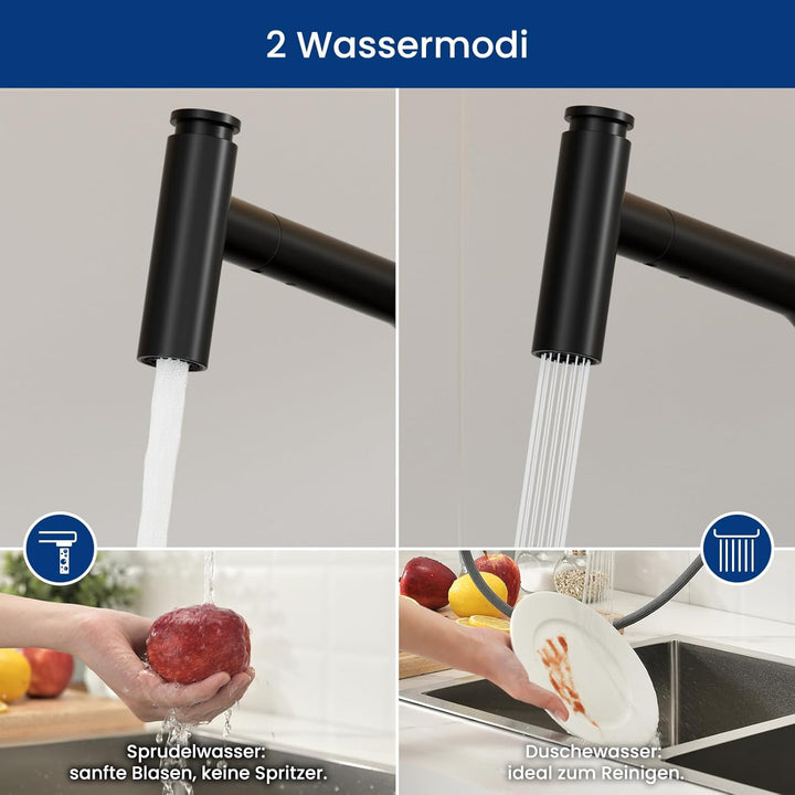 CECIPA Wasserhahn Küche Schwarz, Ausziehbar Küchenarmatur mit Brause Zwei Wasserstrahlarten, Hochdru
