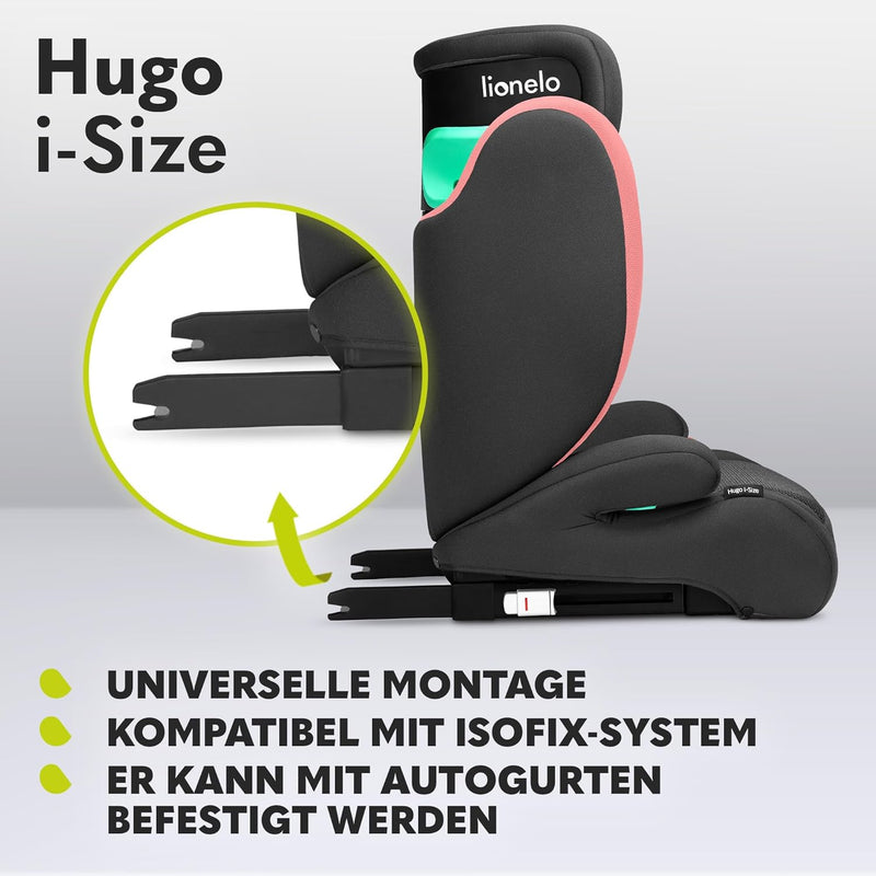 LIONELO HUGO I-SIZE Kinderautositz, Gruppe 2 3, von 100–150 cm, ISOFIX-Installation, verstellbare Ko