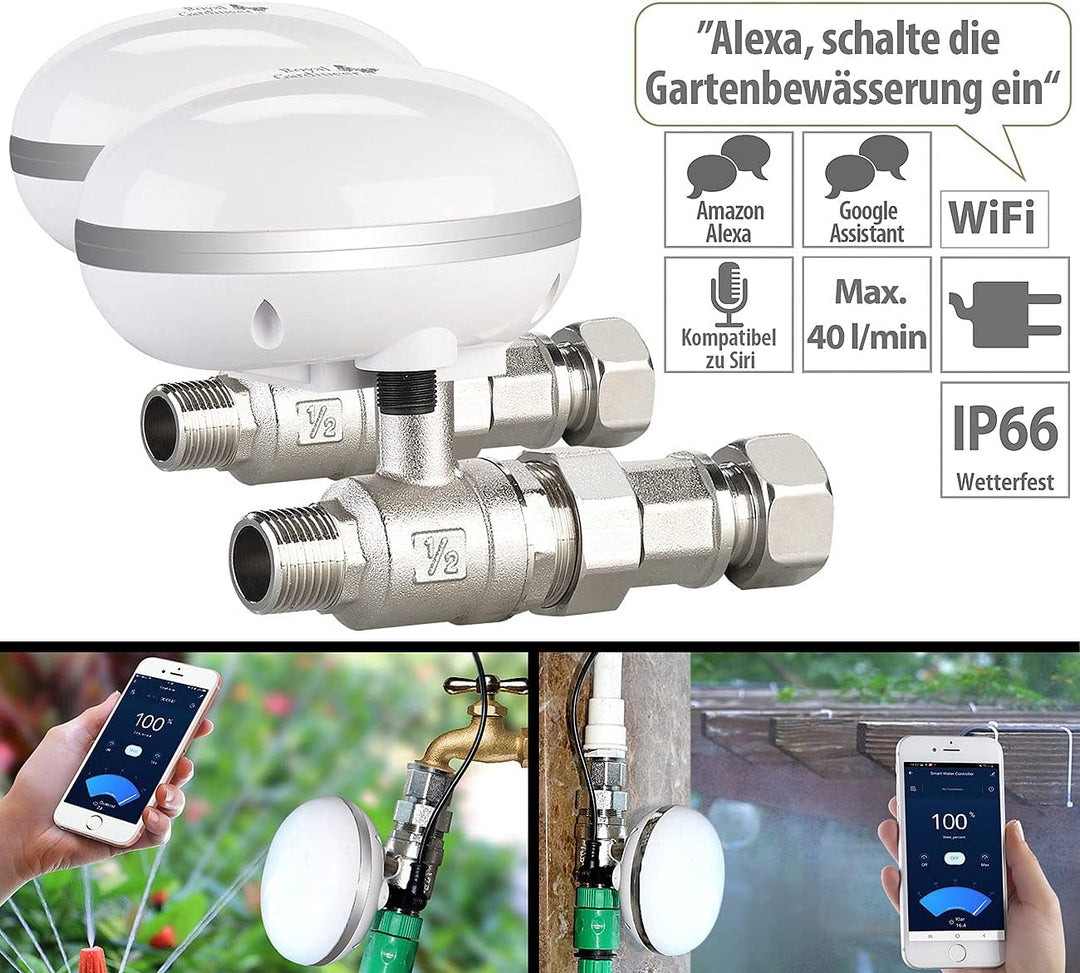 Royal Gardineer Absperrhähne: 2er Pack WLAN-Bewässerungscomputer mit App-Steuerung (Drosselventil, D