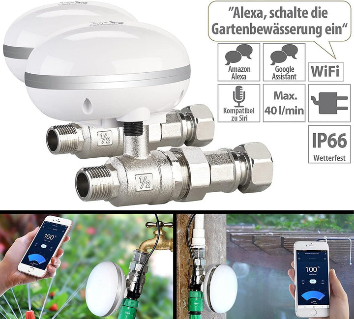 Royal Gardineer Absperrhähne: 2er Pack WLAN-Bewässerungscomputer mit App-Steuerung (Drosselventil, D