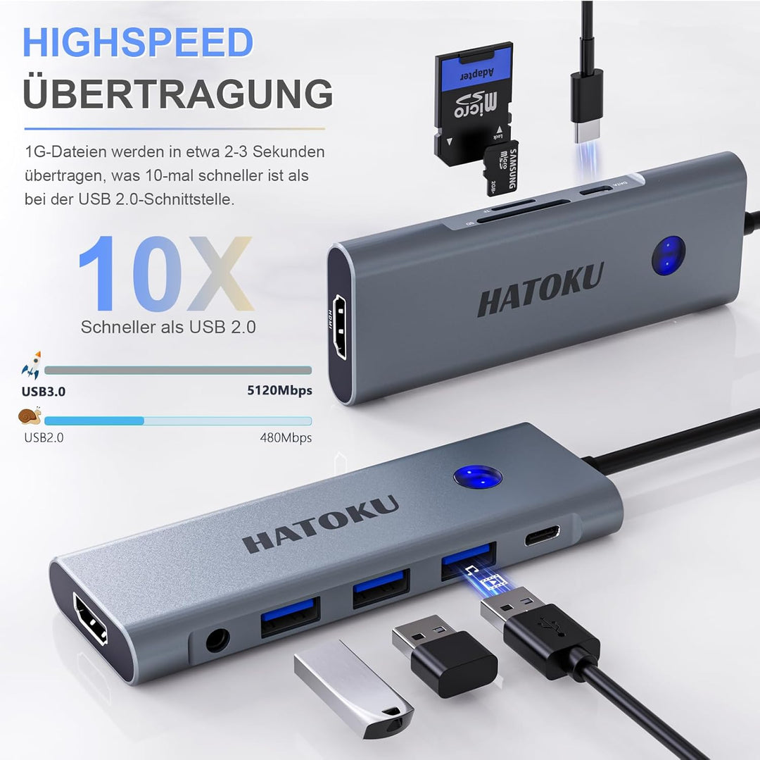 USB C HUB, USB C Multiport Adapter für MacBook Pro/Air mit 4K@60Hz HDMI, 100W PD, SD/TF Kartenleser,