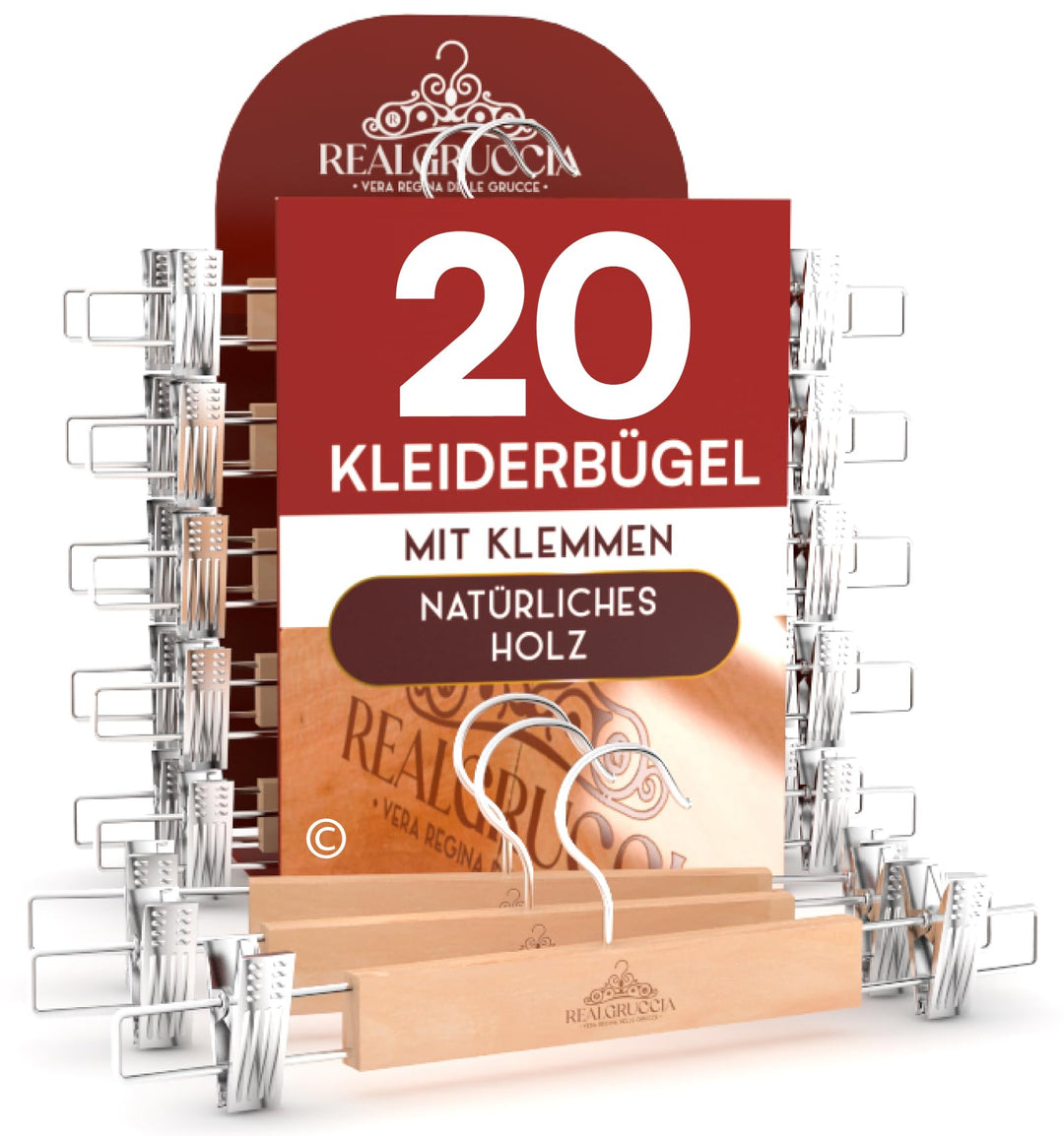 20 Hosenbügel aus Holz mit Klammern Kleiderbügel 13x33cm Röcke Jeans - RealGruccia 360° Drehbarer Ha