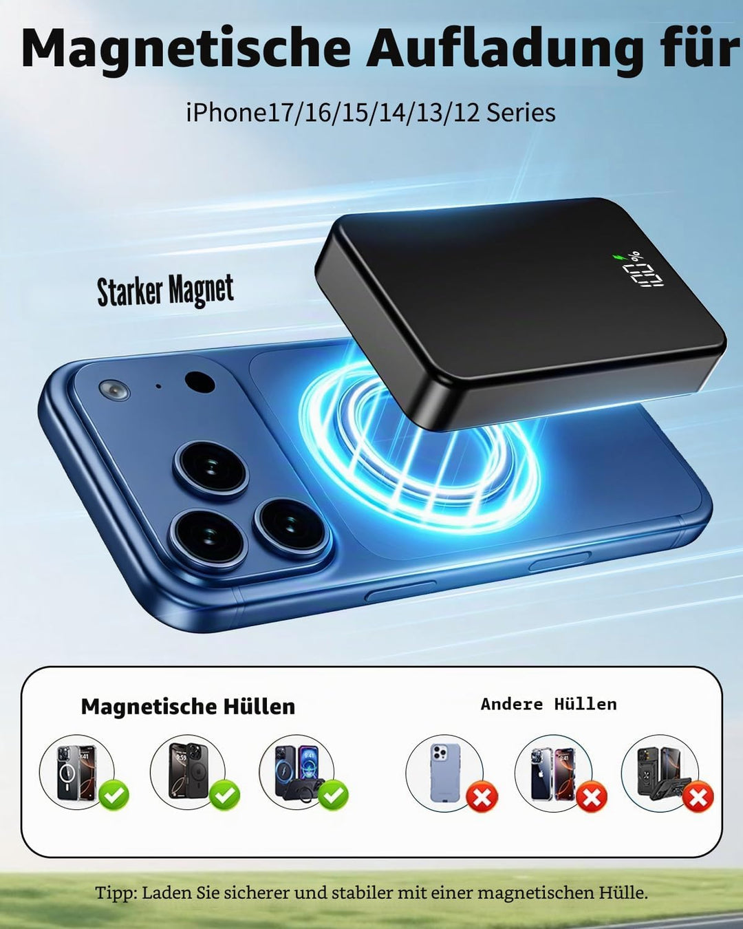26800mAh Magnetische Powerbank, Mag-Safe-kompatibles kabelloses tragbares Ladegerät aus Aluminiumleg