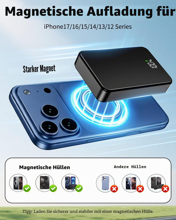 26800mAh Magnetische Powerbank, Mag-Safe-kompatibles kabelloses tragbares Ladegerät aus Aluminiumleg