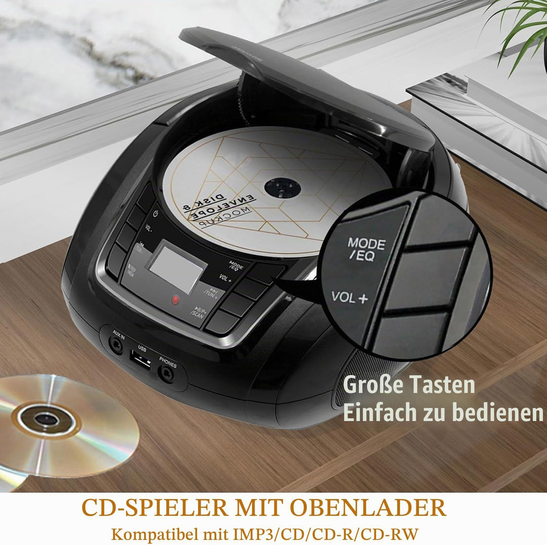 Tragbarer CD-Player Boombox mit FM-Radio/Bluetooth/USB/AUX-Eingang | 3,5 mm MIC &amp; Kopfhöreranschluss