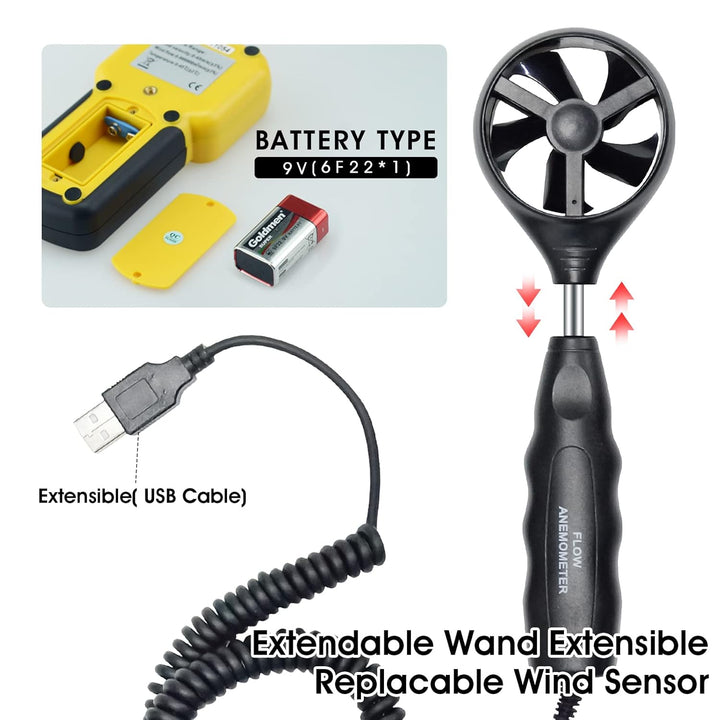 LYCEBELL Digital Anemometer, LC-856A Handheld Windmesser misst Windgeschwindigkeit, Windfluss, Tempe