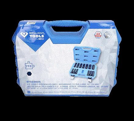 BRILLIANT TOOLS BT022625 1/2" Kraft-Stecknuss-Satz, Sechskant, 13-TLG, 10-24 mm,lang [Powered by KS