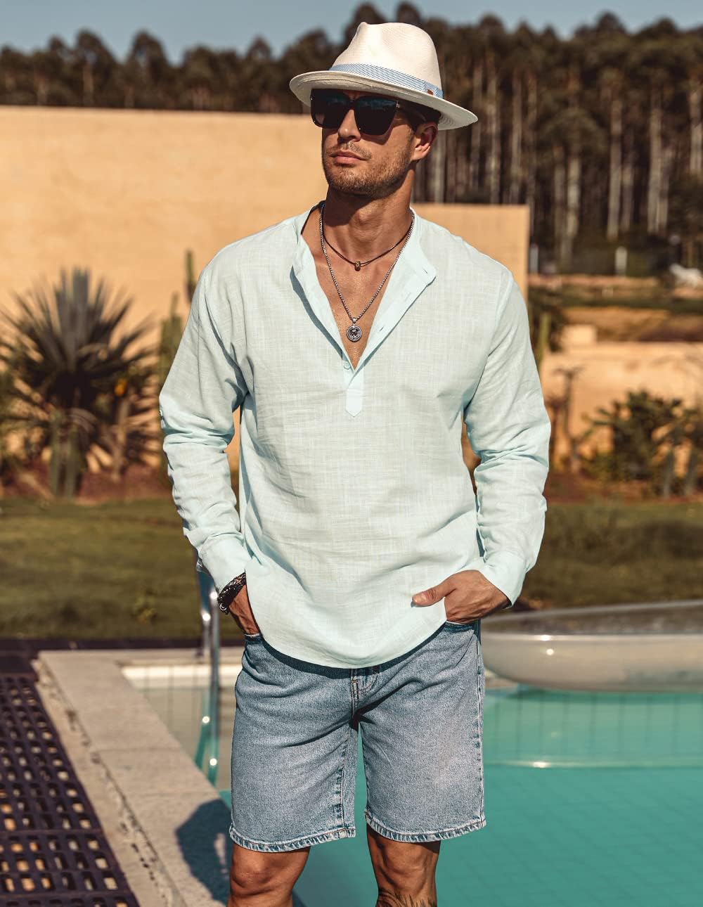 COOFANDY Herren Hemd Langarm Henley Shirt Leinenhemd Baumwolle Casual Regular Fit Sommerhemd Grün 5X
