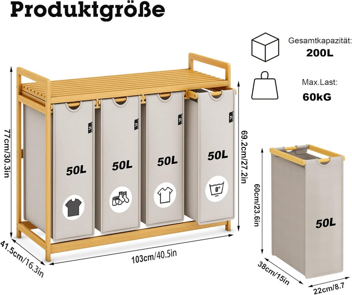 AdelDream Wäschekorb 200L, 4 Fächer Wäschesammler mit Ablage, Bambusrahmen | Wäschesortierer mit 4 x