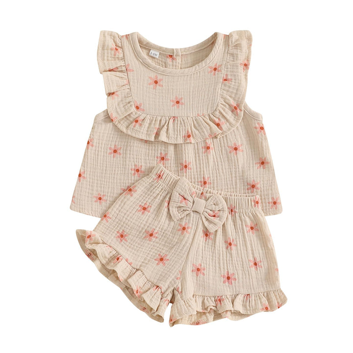 Baby Mädchen Musselin Kleidungset Kurzarm Oberteil+ Shorts Rüschen Babysets Schleife und Blumenmuste
