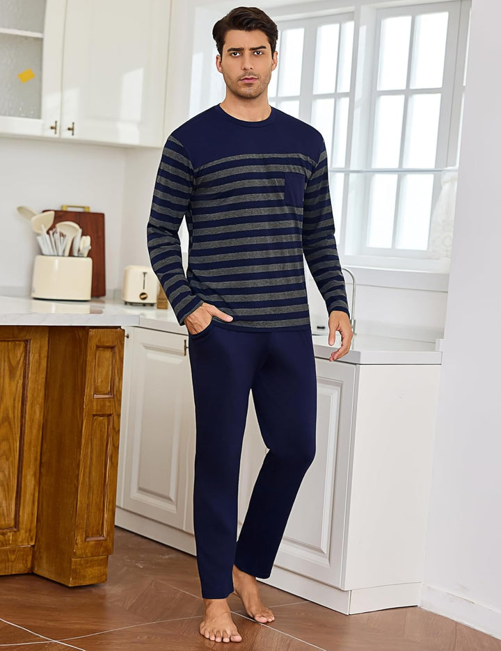 Irdcomps Schlafanzug Herren Pyjama Lang Winter Baumwolle Nachtwäsche Männer Set Langarm Gestreift L