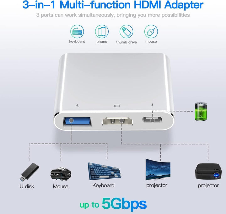 VVG USB C to 4K HD.MI Adapter für MacBook Pro/Air, 3 in 1 USB-C Digital AV Multiport Adapt mit 4K 30
