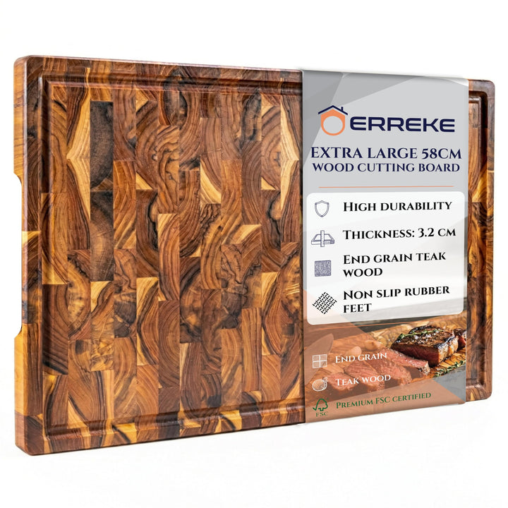 Erreke Schneidebrett Holz, Schneidebrett Holz Gross, End Grain Teakholz 58cm Lang, Dicke 3.2 cm, Ant