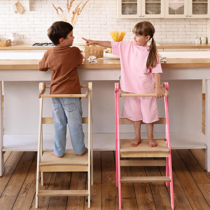 Goodevas Holz Lernleiter Montessori platzsparend: Klappbare Lernleiter, Hocker für Kinder, Faltbare