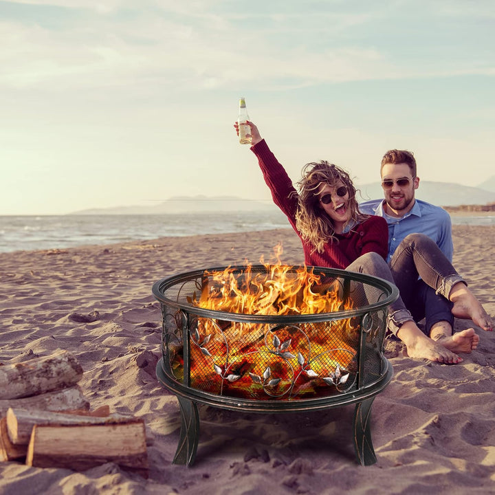 Feuerschale, Feuerschale Garten, Feuerkorb mit Funkenschutz, Feuerstelle Retro-Look, inkl. Poker & K