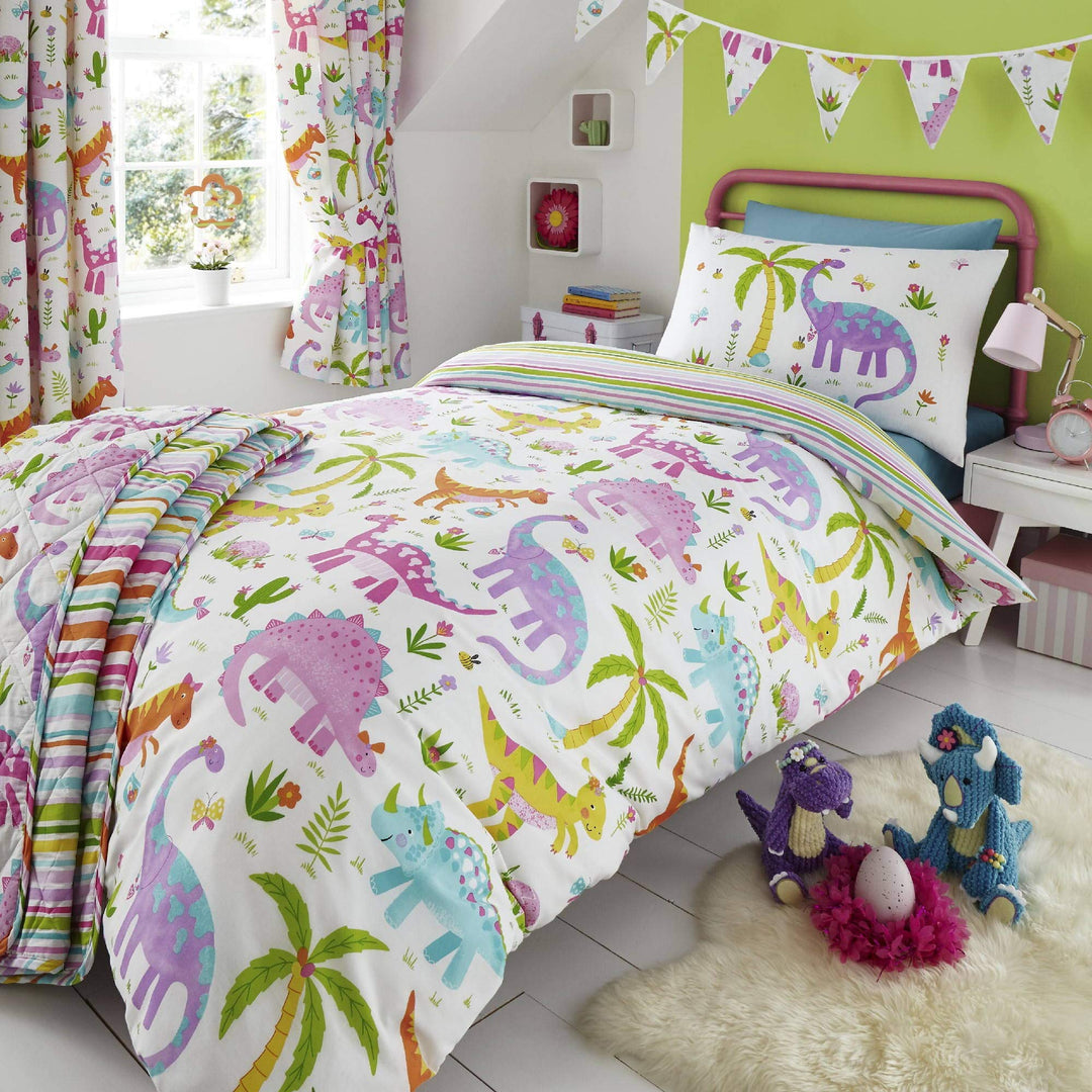 Happy Linen Company Mädchen Tagesdecke - Dinosaurier-Motive - wendbar - Rosa & Weiss
